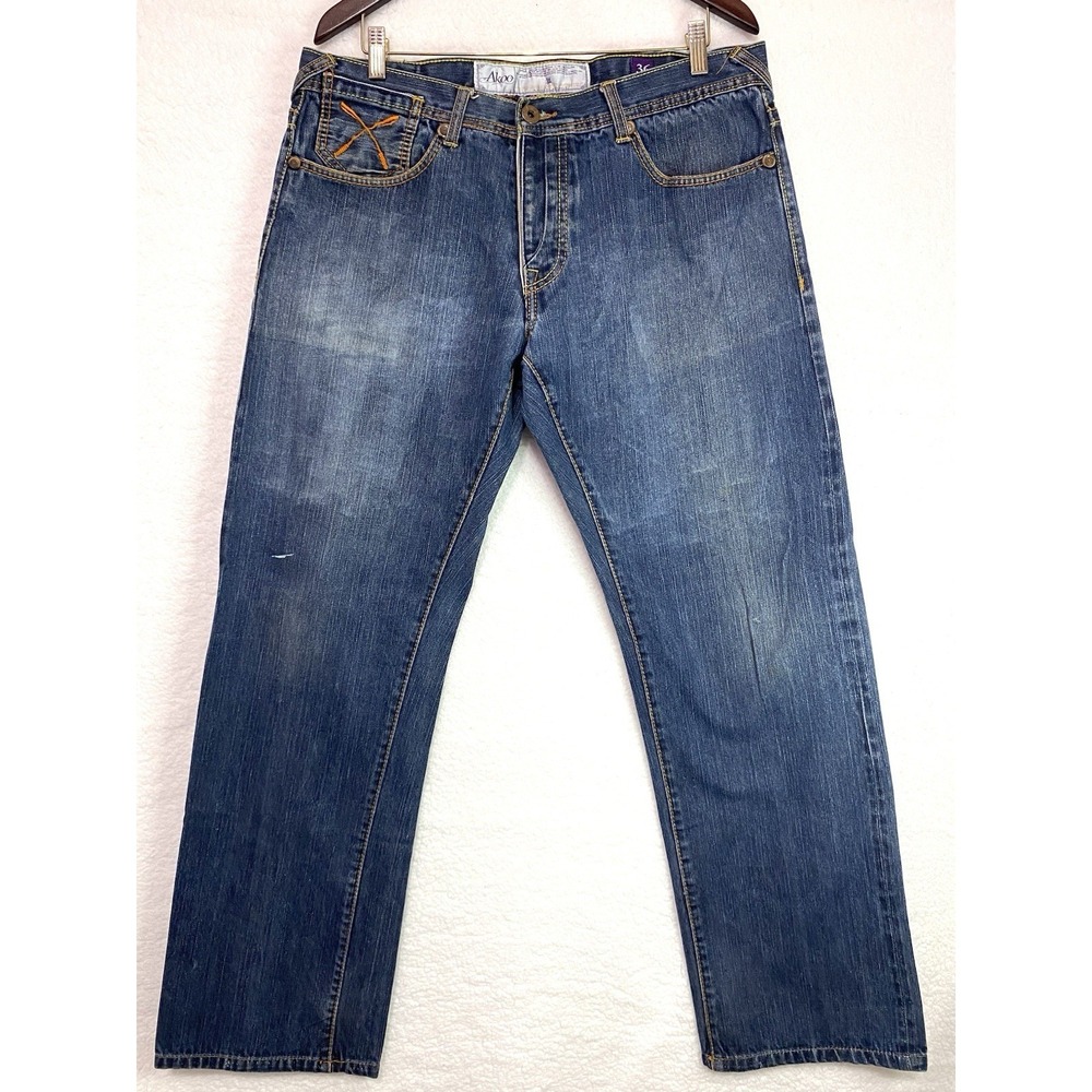 Akoo Men's Jeans 36x32.5 Embroidered Pockets Distressed Paint Stain Y2K Wide Leg